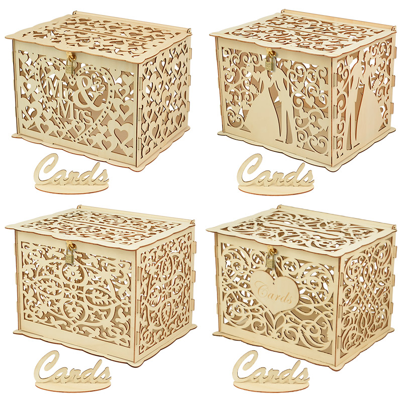 Card Index Box - 30X24X21cm DIY ウェディングギフトカードボックス木製貯金箱ロック付き美しい結婚式の装飾誕生日パーティー用品